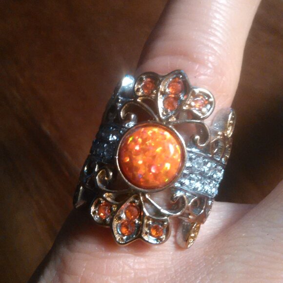 Simulated Opal and Orange and White Crystal Stainless Steel Ring (Size 6) - Picture 7 of 10